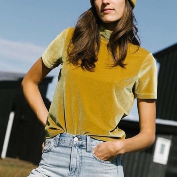 Madewell Gold Velvet Mockneck Tee Short Sleeves Top Size XS - Picture 1 of 9
